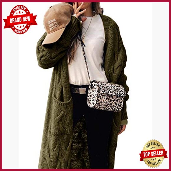 Knee Length Cable Knit Cardigan Sweater Open Front Loose Fit with Pockets - Picture 2 of 7